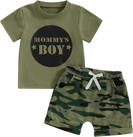 Order Deadline:11th Mar. Split order baby boy camo mama’s boy  summer shorts set