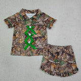 Matching Baby girls camo branch button bow short sleeve summer pajamas
