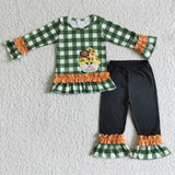 Matching baby girls Scarecrow green plaid clothing embroidery