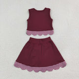 GSD4266 girls red checkered bow sleeveless scalloped skirt outfits yoga