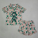 Matching Baby girls camo branch button bow short sleeve summer pajamas