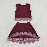 GSD4266 girls red checkered bow sleeveless scalloped skirt outfits yoga