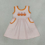 RTS GSD4265 girls pumpkin bow orange stripe sleeveless dress embroidery