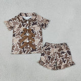 Matching Baby girls camo branch button bow short sleeve summer pajamas