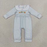 LR3105 baby boys boyd cake blue checkered long sleeve romper embroidery