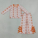 Matching Baby girls Halloween pumpkin bow scalloped bow pant outfits