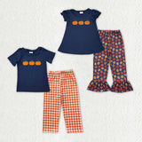 Matching boys girls falll pumpkin navy short sleeve kids outfits embroidery