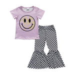 Smile pattern pink shirt girls checkered outfit