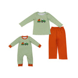 Matching Baby boys pumpkin tractor green stripe clothing embroidery