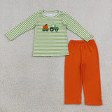 Matching Baby boys pumpkin tractor green stripe clothing embroidery