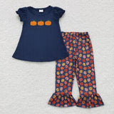 Matching boys girls falll pumpkin navy short sleeve kids outfits embroidery