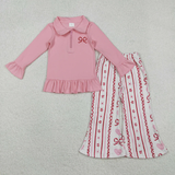 RTS kids matching clothing embroidery bows print clothing baby girl  bell bottom pant clothing-2025.11.26
