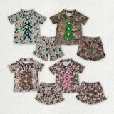 Matching Baby girls camo branch button bow short sleeve summer pajamas
