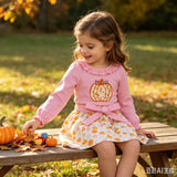 GLD1641 Girls pumpkin long sleeve skirt bow Outfits embroidery