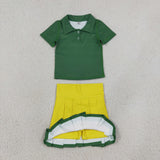 GSD4261 girls green short sleeve button yellow skirt outfits yoga