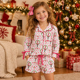 GLS0173 girls Christmas soldier long sleeve shorts button bow pink pajamas