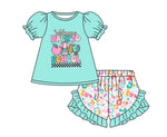 Order Deadline:6th July Split order baby girl clothes back to school print girl summer shorts set