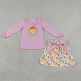 GLD1641 Girls pumpkin long sleeve skirt bow Outfits embroidery
