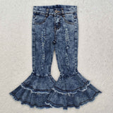 C1-13 Girl Denim Blue Holes Bell Bottom Jeans