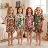 Matching Baby girls camo branch button bow short sleeve summer pajamas