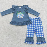 Matching boys girls fall pumpkin blue kids clothing embroidery