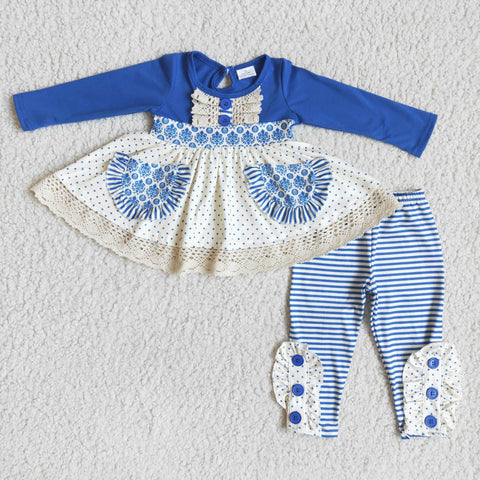 6 A3-1  Promotion $6.5/set no MOQ RTS blue long sleeve shirt and pants girls outfits