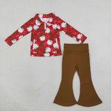 GLP3509 baby girls Christmas Santa hat long sleeves brown bell pant outfits