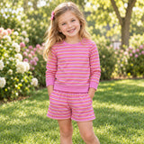 GLS0126 Girls pink stripe long sleeve shorts Outfits yoga