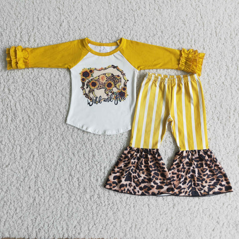 Promotion $5.5/set no MOQ RTS yellow long sleeve shirt and pants girls outfits