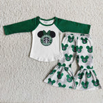 Promotion $5.5/set no MOQ RTS green Christmas long sleeve shirt and pants girls outfits