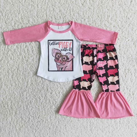 Promotion $5.5/set no MOQ RTS pink long sleeve shirt and pants girls outfits