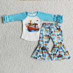 Promotion $5.5/set no MOQ RTS blue  long sleeve shirt and pants girls outfits