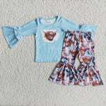 Promotion $5.5/set no MOQ RTS blue long sleeve shirt and pants girls outfits