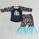 Clearance girl pumpkin leopard bell bottom outfit