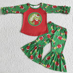 Promotion $5.5/set christmas green long sleeve shirt and green pants girls outfits