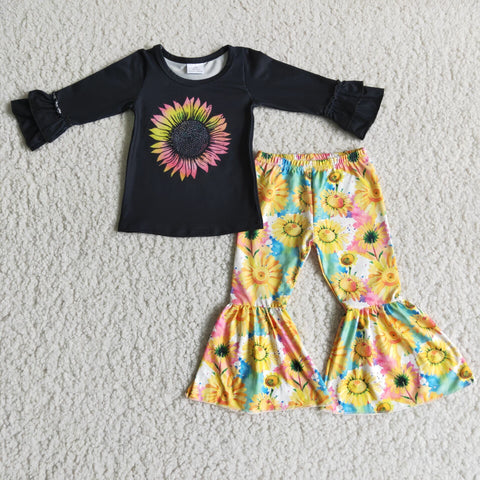 Promotion $5.5/set black sunflower long sleeve shirt and green pants girls outfits