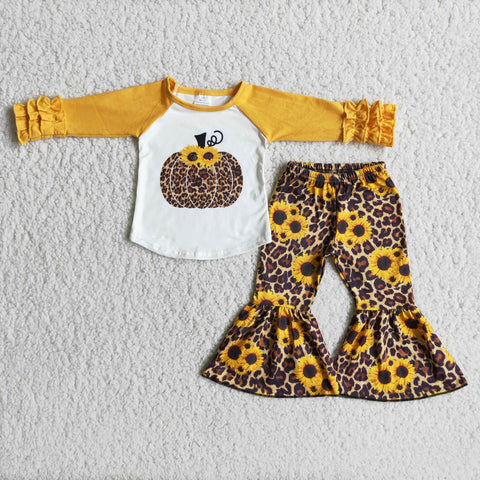 Promotion $5.5/set no MOQ RTS yellow  long sleeve shirt and pants girls outfits