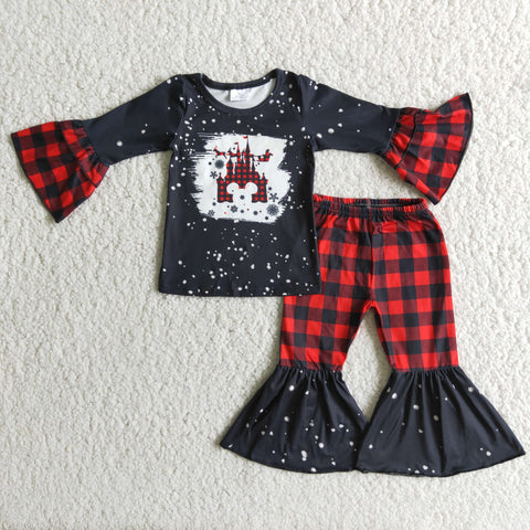 Promotion $5.5/set Christmas deer black long sleeve shirt and pants girls outfits