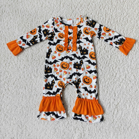 Promotion $5.5/set no MOQ RTS Halloween orange pumpkin long sleeve baby romper