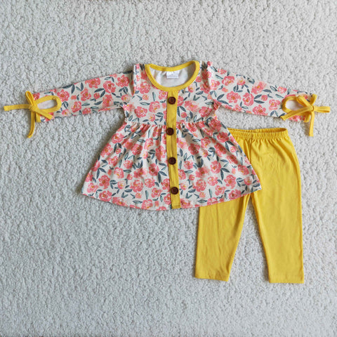 6 A17-20 Promotion $5.5/set no MOQ RTS flower long sleeve shirt and yellow pants girls outfits