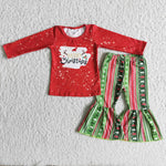 Promotion $5.5/set christmas red long sleeve shirt and pants girls outfits