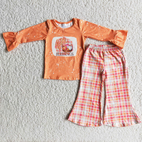 Promotion $5.5/set no MOQ RTS orange long sleeve shirt and pants girls outfits