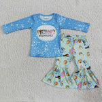 Promotion $5.5/set blue long sleeve shirt and green pants girls outfits