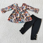 Promotion $5.5/set long sleeve shirt and black pants girls outfits