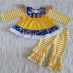 Promotion $5.5/set no MOQ RTS yellow long sleeve shirt and pants girls outfits