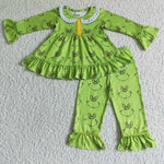 Children girl christmas green long sleeve pajamas outfit