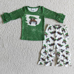 Promotion $5.5/set green long sleeve shirt and pants girls outfits