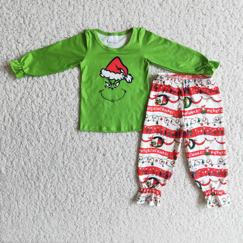 Promotion $5.5/set christmas green long sleeve shirt and green pants girls outfits