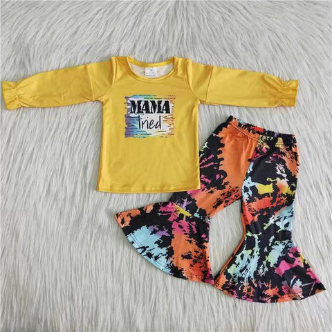 Promotion $5.5/set no MOQ RTS yellow long sleeve shirt and pants girls outfits