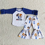 Promotion $5.5/set no MOQ RTS blue and white long sleeve shirt and pants girls outfits